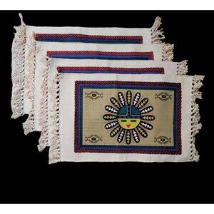 4 Placemats Southwestern Sand Painting Sun Design - Woven Saddle Blanket Style